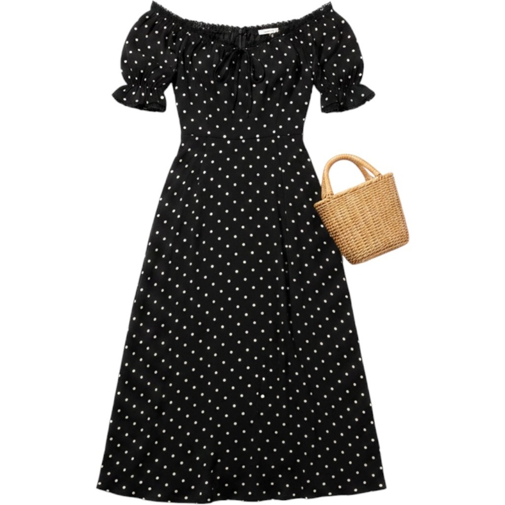 By Together | Black Polka Dot Milkmaid Midi Dress Lace Trim Size M Cottagecore